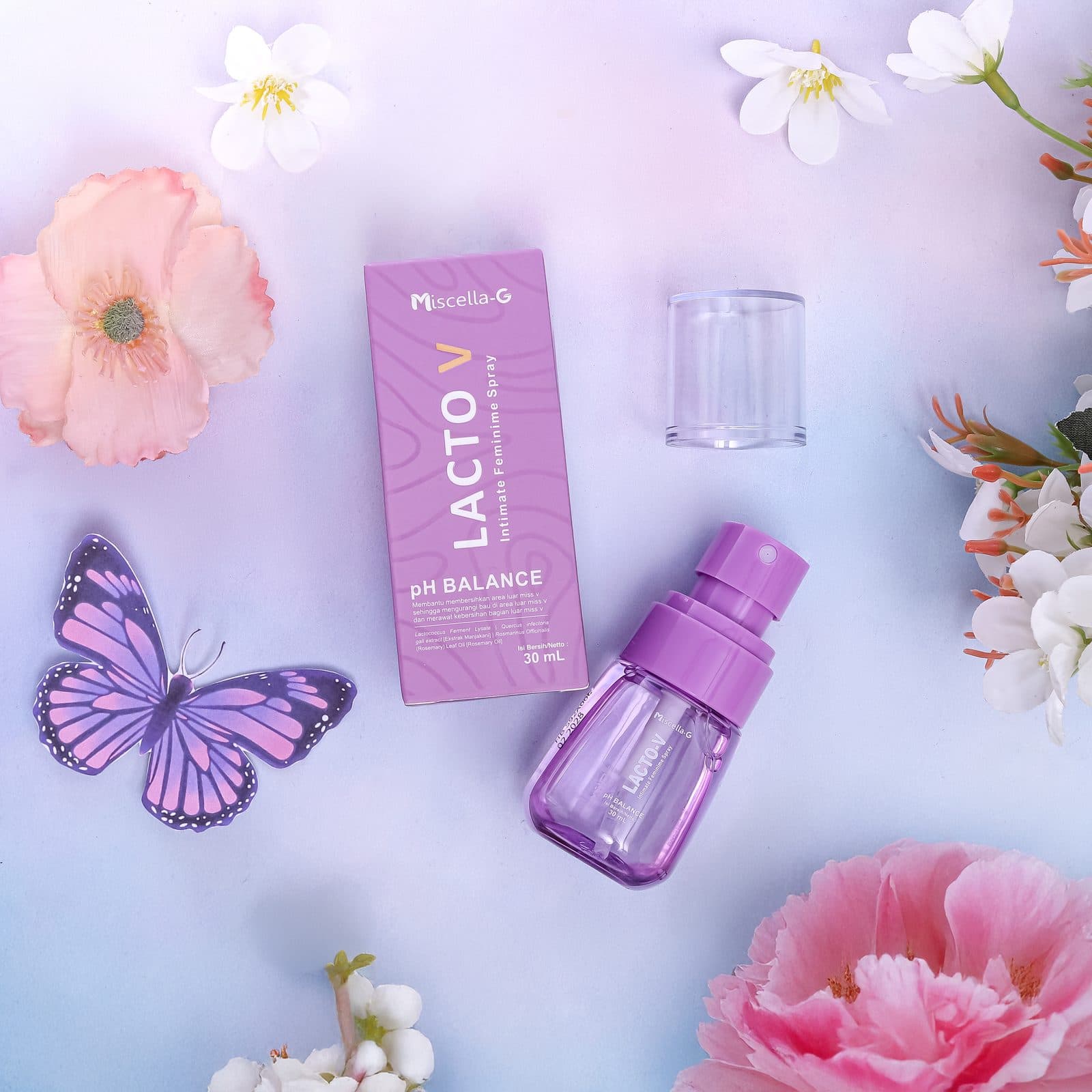 Lacto-V Spray 30 mL dengan bunga dan kemasan